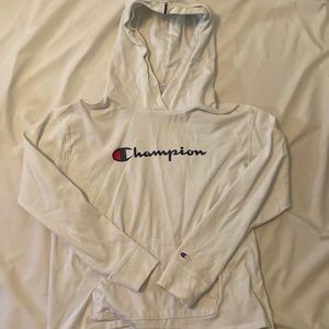 White Champion long sleeve hooded shirt. S